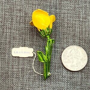 T. G. Y. Stores Flower Brooch 2.5 In Pin Vintage Yellow Rose Texas Green Enamel